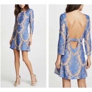 For Love and Lemons San Marcos Mini Dress Blue Lace Open Back SZ L
